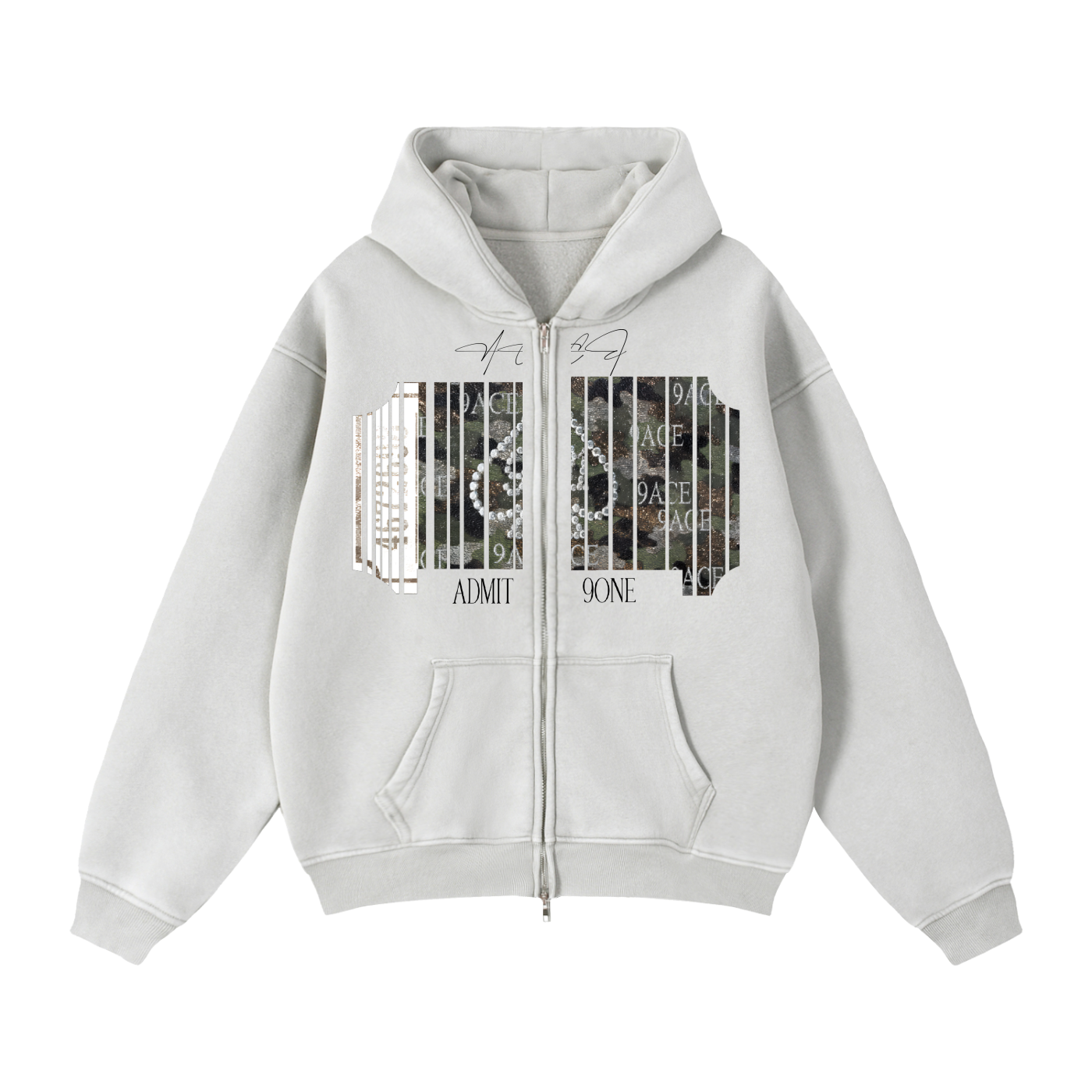'9ACE' Movie Ticket Double Zipper Boxy Fleece Hoodie