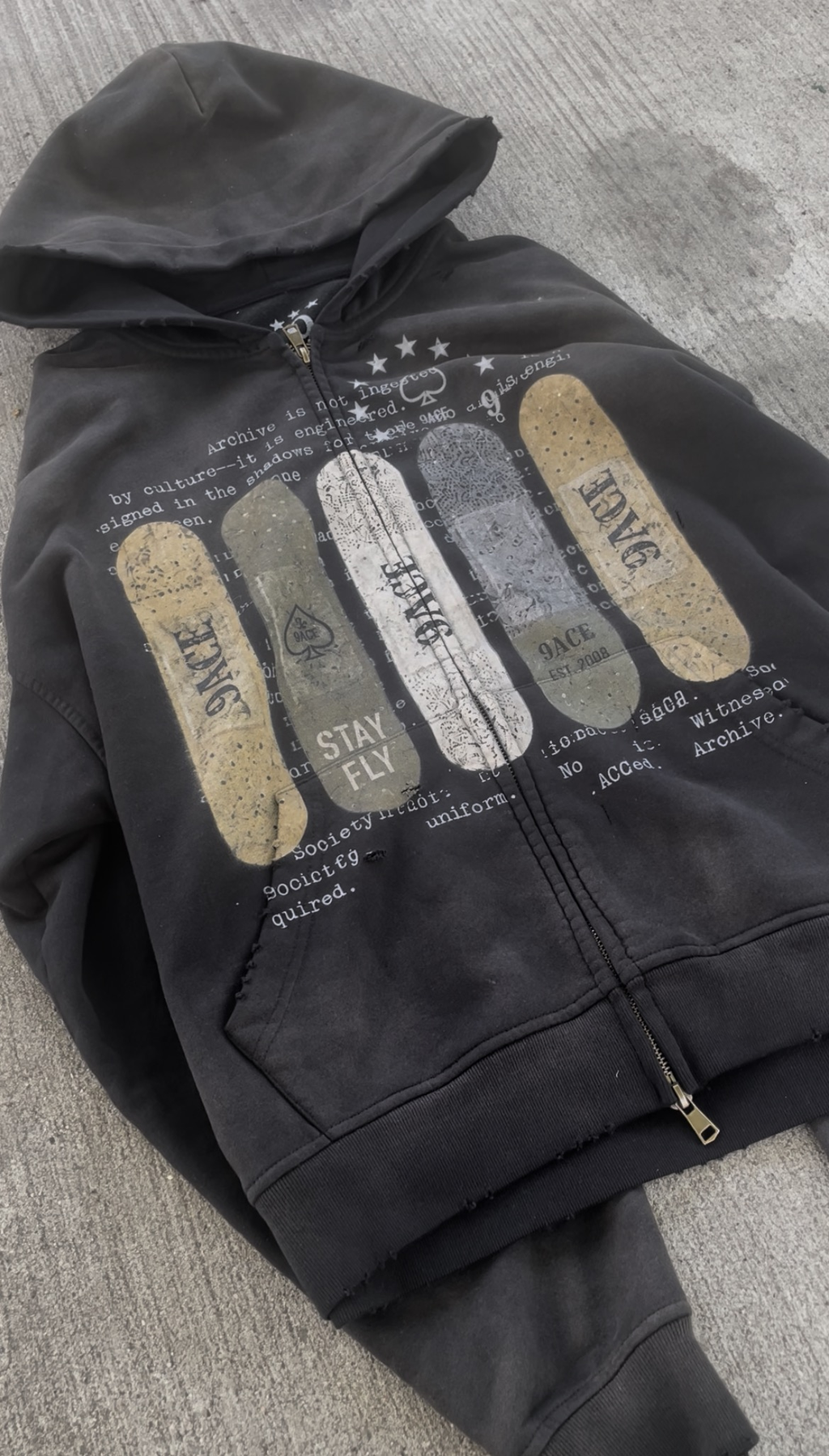 Distressed Aided Bandage 'STAY FLY' Loose Fit Hoodie